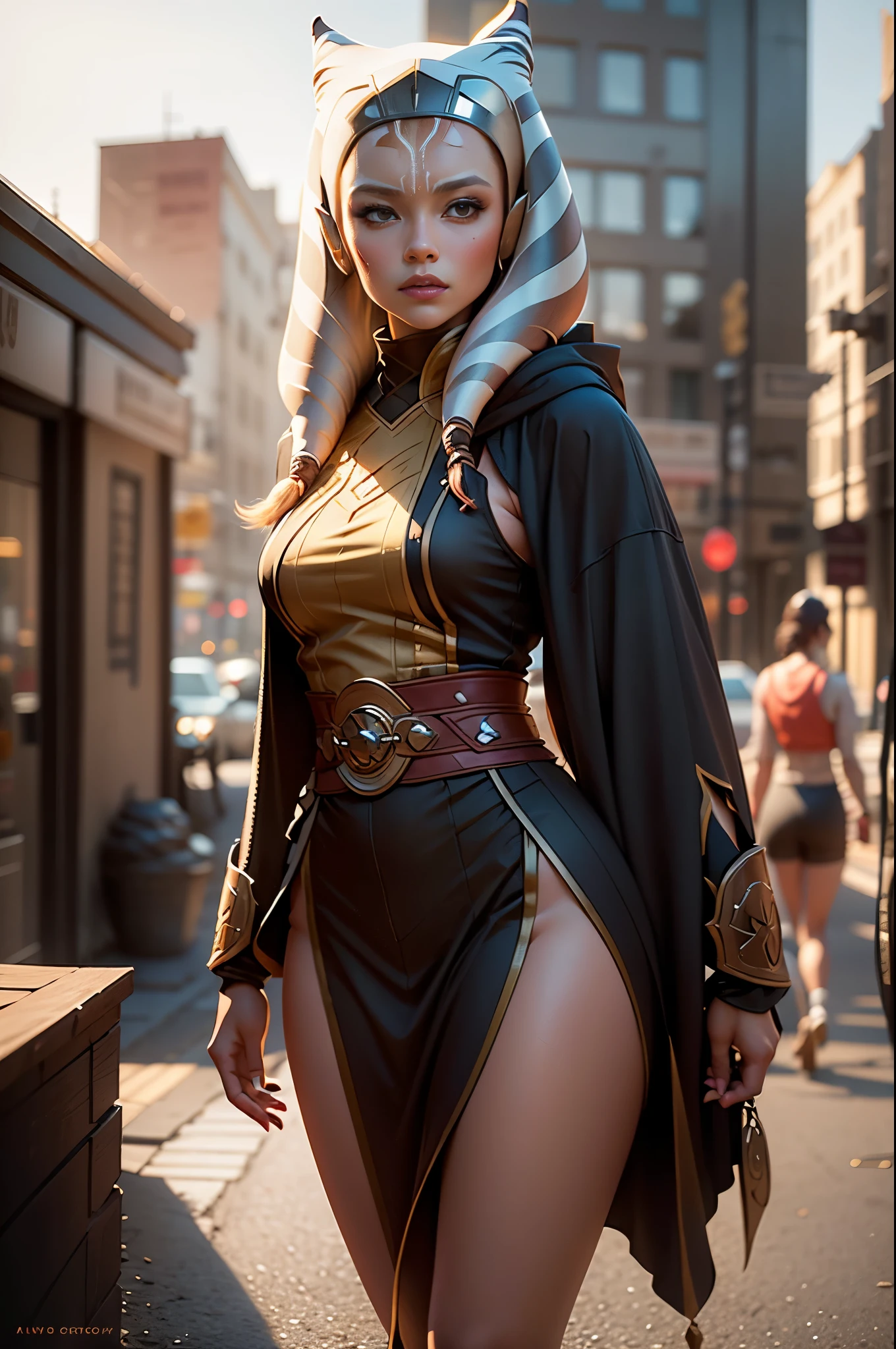 ahsoka tanoin a hoodedie stands in front of a city, portrait of ahsoka tano, stylized urban fantasy artwork, avatar image, jen bartel, ahsoka tano, painted in the style arcane, epic digital art illustration, artgerm and atey ghailan, digital 2d fantasy art, detailed 2d illustration