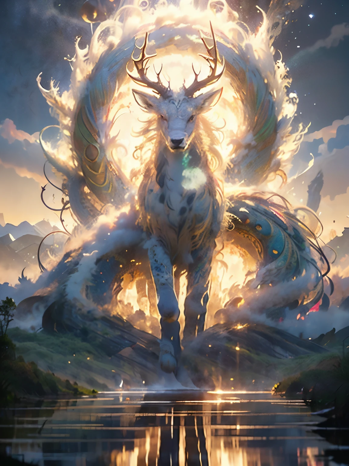 prompt: Legendary Suzaku, Mythical creatures, Divine Beast, An ancient oriental symbol of prosperity and good fortune, Eight legs with hooves, Dragon-like scales, Deer-like fur, A mane of flowing flames, The rainbow-colored body color changes in the moonlight, A shining mane of gold and scarlet, A single spiral horn that emits an aura of heavenly light., Eyes that shine like sapphires, Full of wisdom and peace, The tail ends in a tuft of feathers similar to those of a peacock., Foggy, Mountain landscape at dawn, Ancient calligraphy is everywhere, symbolizing its sacred status, 超高精細なUltra-high resolutionでレンダリング (Ultra-high resolution), masterpiece quality, Cinema Lighting, 8K resolution.