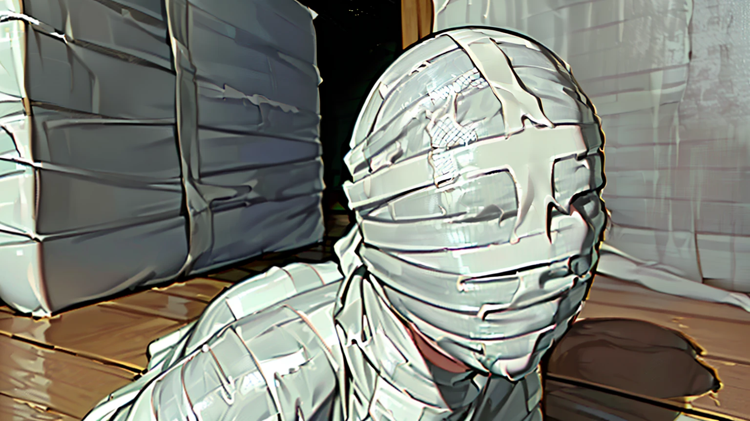 ((Imprisoned in a warehouse)), ((1 girl)), duct tape, gagged, mummification, mummified, blindfold, (Highly detailed CG Unity 8k), (highest quality)，(Very detailed)，(Ultra-high resolution), Japanese 16 year old, ((covered eyes with white duct tape:1.3), ((covered mouth with white duct tape:1.2)), ((blindfold with white duct tape:1.4)), Hands tied behind back, BDSM, ((From head to toe, wrap them in white duct tape to make a mummification:1.4)),