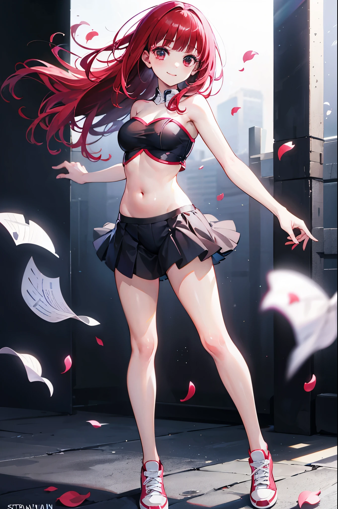 realistic image, detailed image, coherent image, 1 beautiful girl, she has shoulder length hair with blunt bangs, red hair, red eyes, smiling expression. She is wearing a strapless top, showing her navel, thin thong, pleated miniskirt, sneakers, She has a curvy body, small breasts and thick thighs, She is standing, legs crossed, arching her back, white background, uniform background , flower petals falling around, Soft focus, full body view, Dramatic shadows, Volumetric lighting, natural lighting,arima_kana