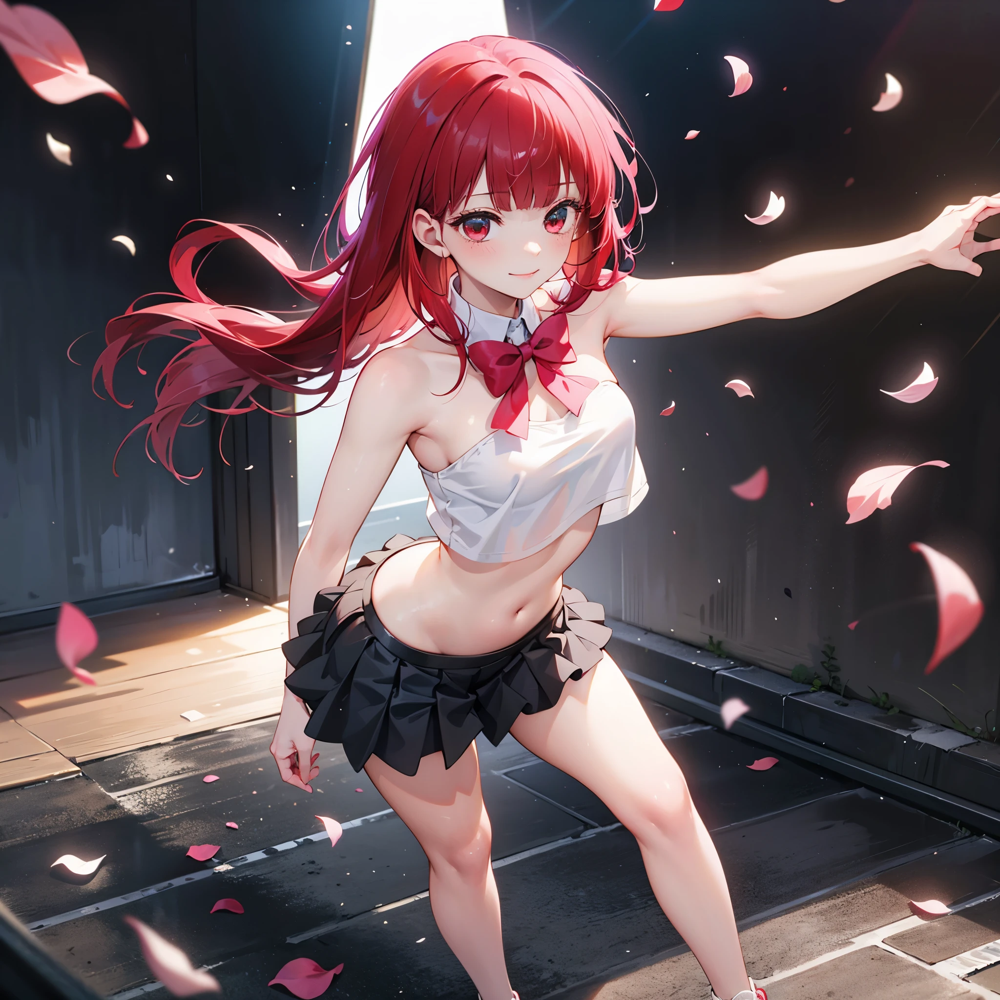 realistic image, detailed image, coherent image, 1 beautiful girl, she has shoulder length hair with blunt bangs, red hair, red eyes, smiling expression. She is wearing a strapless top, showing her navel, thin thong, pleated miniskirt, sneakers, She has a curvy body, small breasts and thick thighs, She is standing, legs crossed, arching her back, white background, uniform background , flower petals falling around, Soft focus, full body view, Dramatic shadows, Volumetric lighting, natural lighting,arima_kana