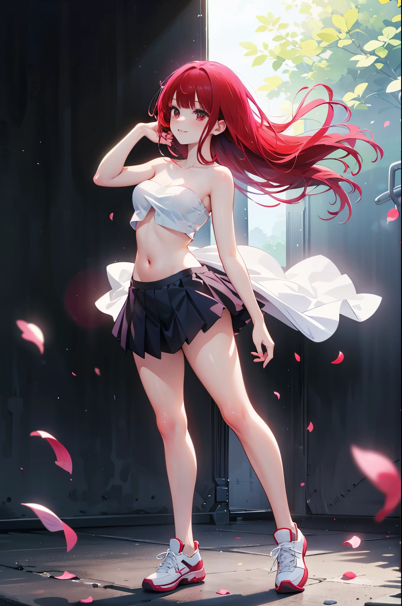 realistic image, detailed image, coherent image, 1 beautiful girl, she has shoulder length hair with blunt bangs, red hair, red eyes, smiling expression. She is wearing a strapless top, showing her navel, thin thong, pleated miniskirt, sneakers, She has a curvy body, small breasts and thick thighs, She is standing, legs crossed, arching her back, white background, uniform background , flower petals falling around, Soft focus, full body view, Dramatic shadows, Volumetric lighting, natural lighting,arima_kana