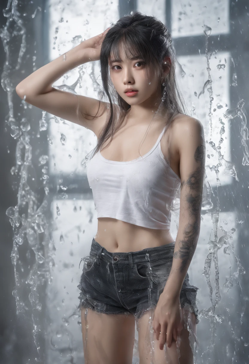 A young beautiful Asian model scantly clad wearing a see-through wet white t  - SeaArt AI