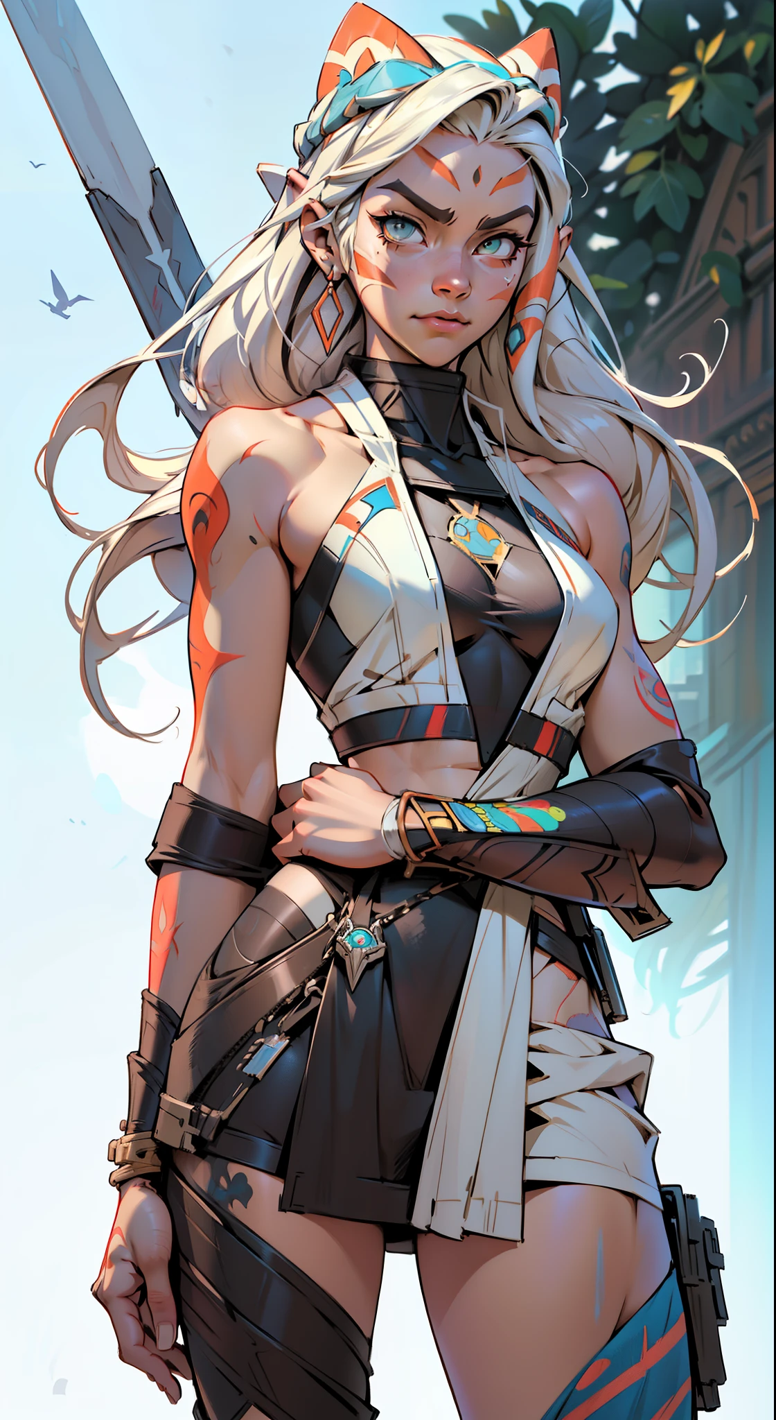 Extremely detailed artwork by Krenz Cushart, titled "Ahsoka Tano: The Rebel Knight." In this masterpiece, Ahsoka Tano is portrayed in an assertive pose, holding a sword with a fierce, resolute expression. On her arm, a vibrant tattoo designs adds a unique and intricate element to the illustration. Alena Aenami and Artgerm collaborated on this piece, capturing Ahsoka's strong and independent spirit. The artwork is inked and colored, showcasing a high level of precision and detail, reminiscent of Cushart Kenz's signature style. The character art is detailed, with an emphasis on Ahsoka