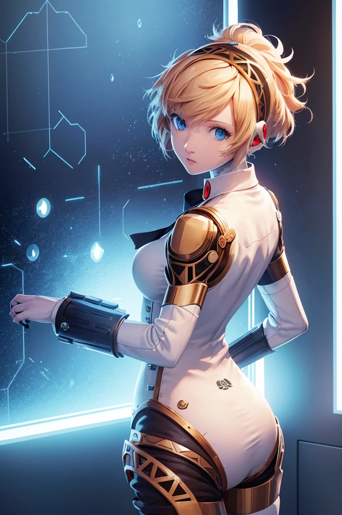 Aegis, persona, 1 girl, master part, best quality, (very detailed CG unit 8k wallpaperest quality), (better illustration, better Shadows), (particle effects). , 3d isometric, octane rendering, ray tracing, super detailed, focus on the ass, medium hair