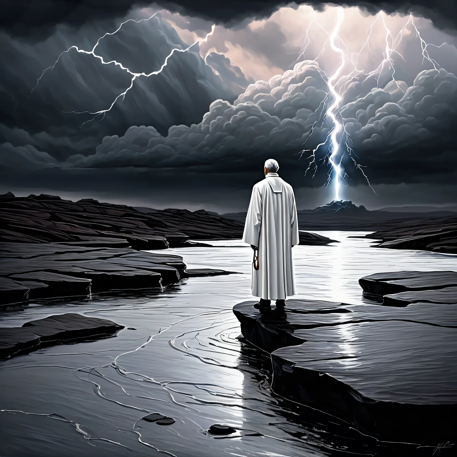 ((Liquid Metal Art)), the painting is painted with liquid metal on textured paper and depicts a beautiful minimalistic landscape with a White Priest of Light standing on a  rock, Liquid Metal White Priest of Light looks ominous and gloomy, in the background a gloomy sky with clouds and lightning, the painting is made of liquid metal, Metal, the work of a master, clear contours, 32 carats