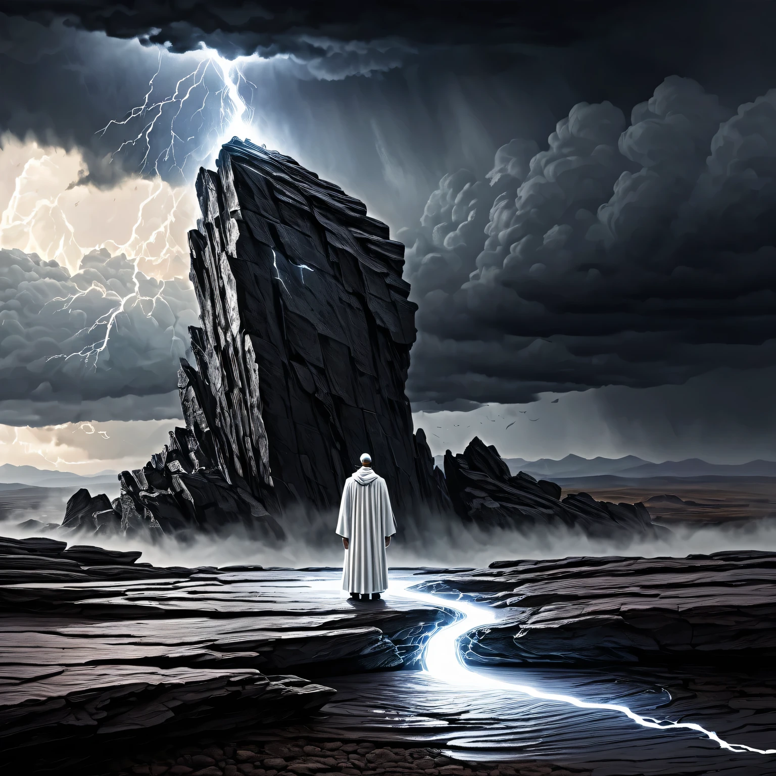 ((Liquid 金属 Art)), この絵はテクスチャーのある紙に液体金属で描かれており、岩の上に立つ白い光の司祭がいる美しいミニマルな風景を描いています。, Liquid 金属 White Priest of Light looks ominous and gloomy, 背景には雲と稲妻のある暗い空, この絵は液体金属で作られている, 金属, マスターの仕事, 明確な輪郭, 32カラット
