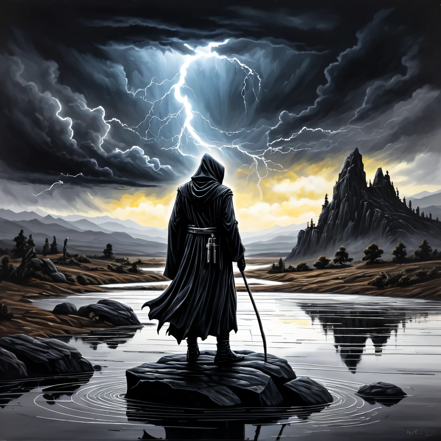 ((Liquid Metal Art)), the painting is painted with liquid metal on textured paper and depicts a beautiful minimalistic landscape with a Black Grim Reaper standing on a  rock, Liquid Metal Black Grim Reaper looks ominous and gloomy, in the background is a gloomy sky with clouds and lightning, the painting is made of liquid metal. Metal, masterwork, clear contours, 32 carats
