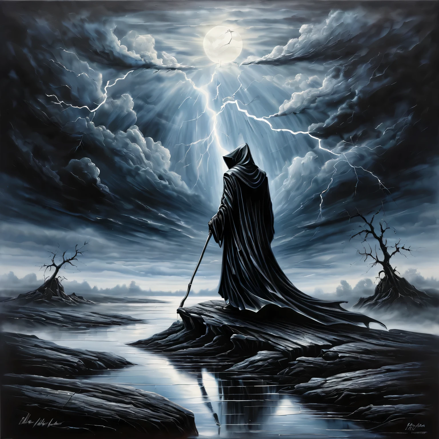 ((Liquid Metal Art)), the painting is painted with liquid metal on textured paper and depicts a beautiful minimalistic landscape with a Black Grim Reaper standing on a  rock, Liquid Metal Black Grim Reaper looks ominous and gloomy, in the background is a gloomy sky with clouds and lightning, the painting is made of liquid metal. Metal, masterwork, clear contours, 32 carats