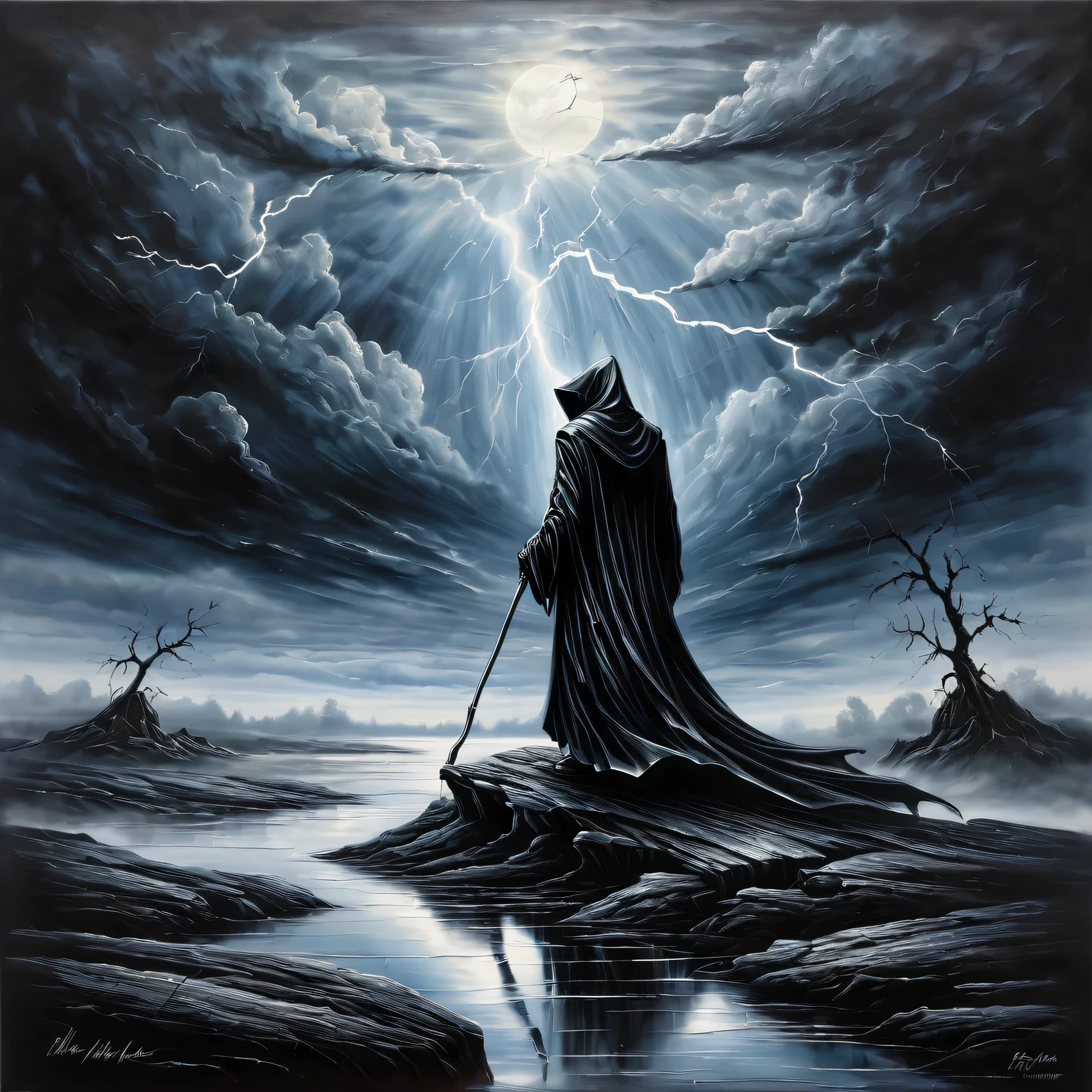 ((Liquid Metal Art)), La pintura está pintada con metal líquido sobre papel texturizado y representa un hermoso paisaje minimalista con una Parca Negra parada sobre una roca., Liquid Metal Black Grim Reaper se ve siniestro y sombrío, al fondo hay un cielo sombrío con nubes y relámpagos, la pintura está hecha de metal líquido. Metal, obra maestra, contornos claros, 32 quilates