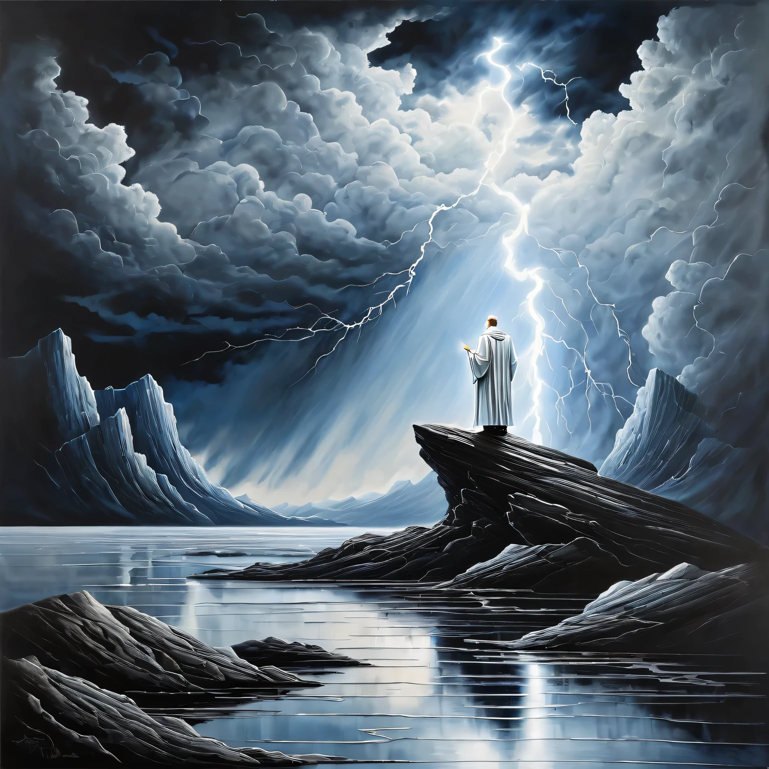 ((Liquid Metal Art)), the painting is painted with liquid metal on textured paper and depicts a beautiful minimalistic landscape with a White Priest of Light standing on a  rock, Liquid Metal White Priest of Light looks ominous and gloomy, in the background a gloomy sky with clouds and lightning, the painting is made of liquid metal, Metal, the work of a master, clear contours, 32 carats