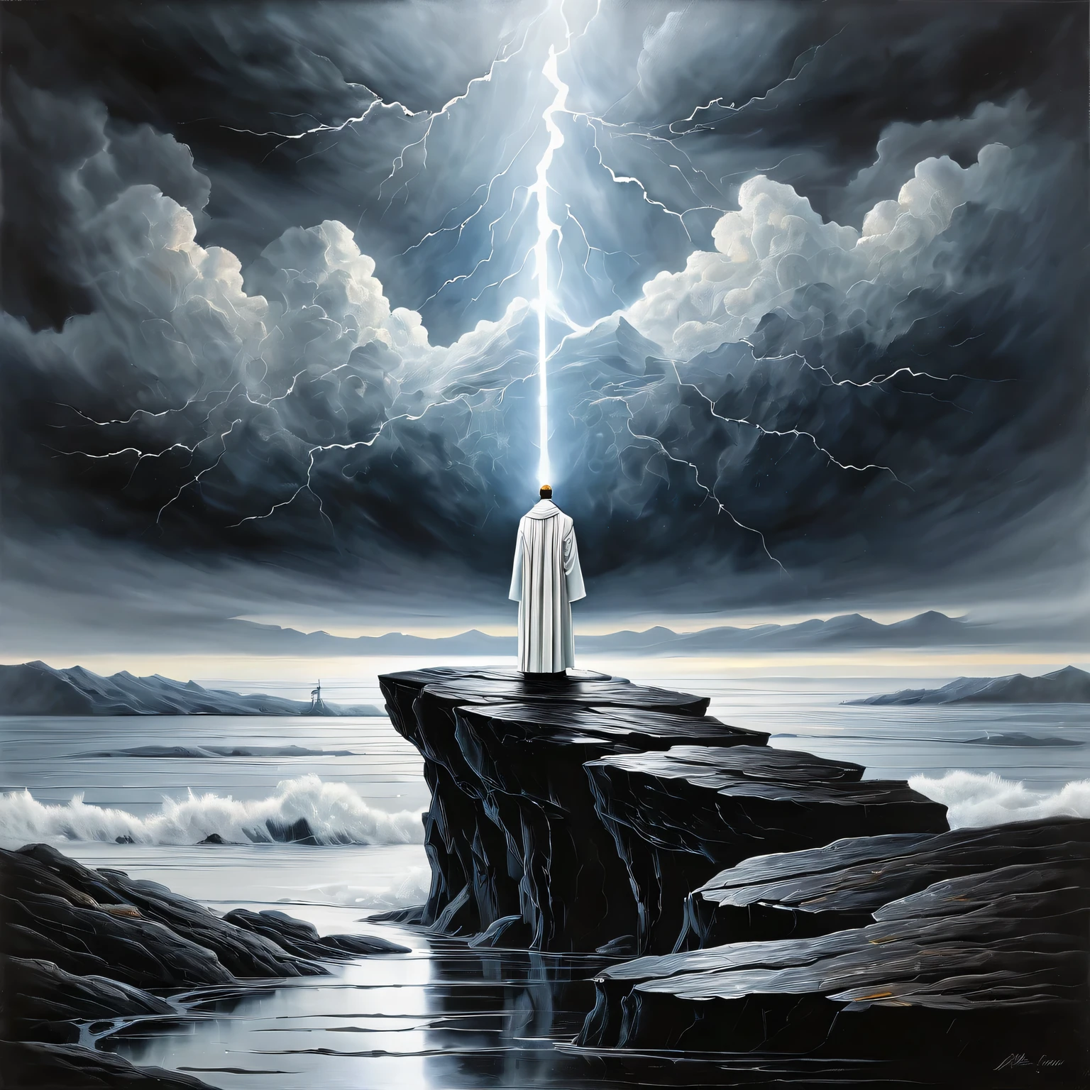 ((Liquid metal Art)), a pintura é pintada com metal líquido sobre papel texturizado e retrata uma bela paisagem minimalista com um Sacerdote Branco da Luz em pé sobre uma rocha, Liquid metal White Priest of Light looks ominous and gloomy, ao fundo um céu sombrio com nuvens e relâmpagos, a pintura é feita de metal líquido, metal, o trabalho de um mestre, Contornos claros, 32 quilates