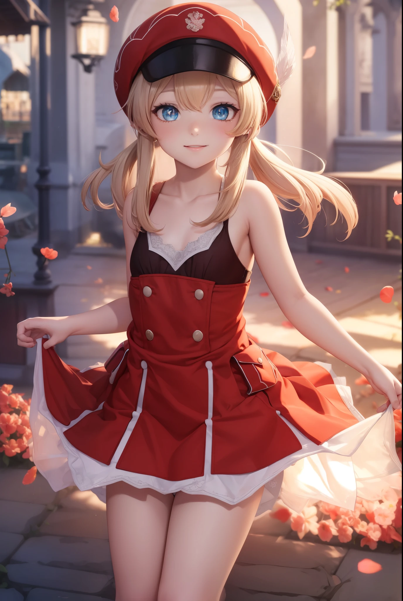 clay, blush, smile, Usual clothes, Red clothes, Red Hat, Combat Uniform, Primary school students, The back is very smal, Lolita, Small breasts, Show me your armpits, exterior: , Shoulder Bare, The clavicle is visible, Sexy thighs, Beautiful feet, Usual hairstyle, highest quality, High resolution, unity 8k wallpaper, (shape:0.8), (Beautiful and beautiful eyes:1.6), Highly detailed face, Perfect lighting, Extremely detailed CG, (Perfect hands, Perfect Anatomy),