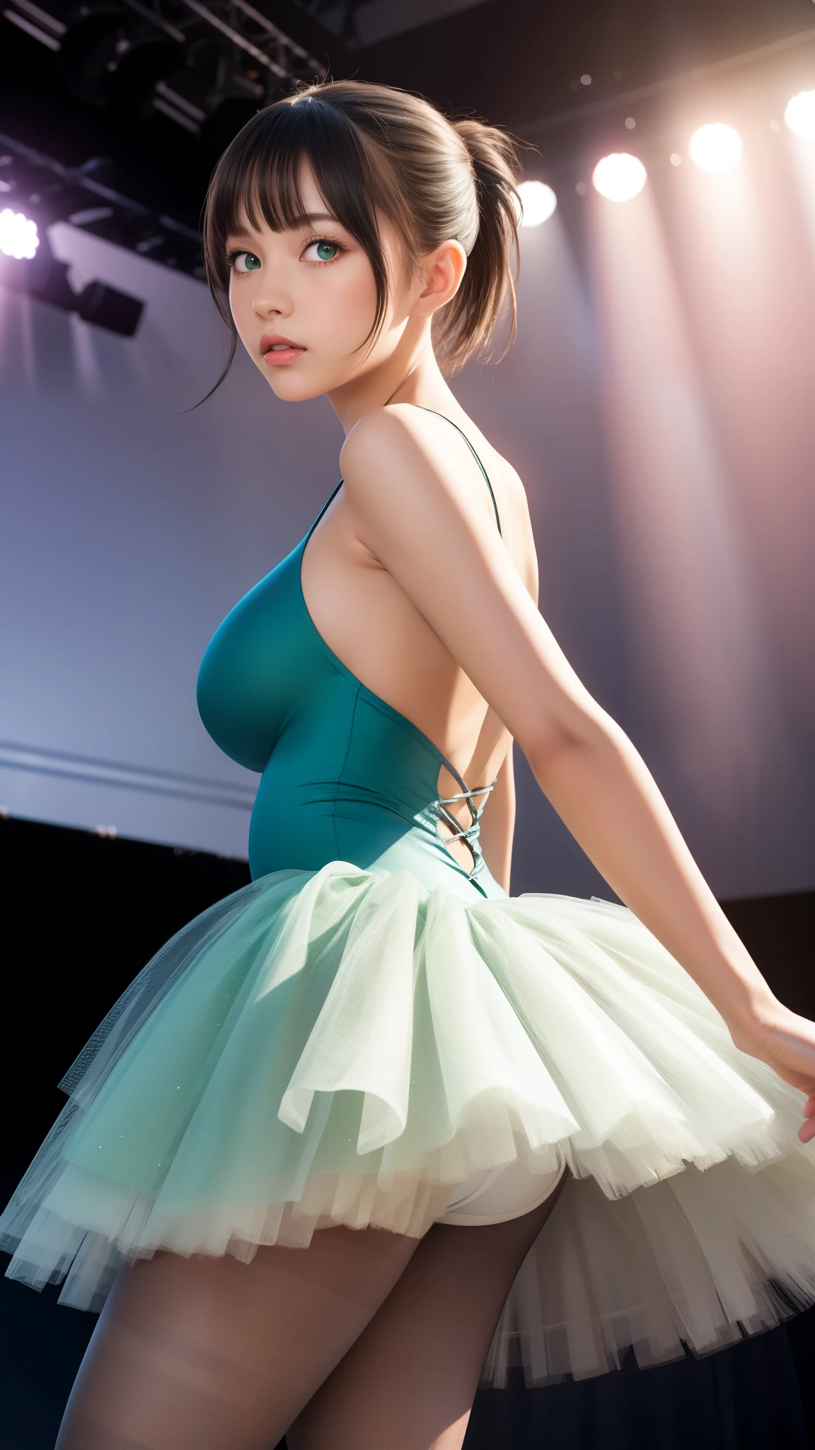 1girl, natural lighting, masterpiece, highly detailed, illustration, game CG, absurdres, high quality, aichan, (large breasts), beautiful green detailed eyes, short black hair, ponytail, bangs, glossy lips, stage, ballerina, tutu, pantyhose, from behind, looking back at viewer