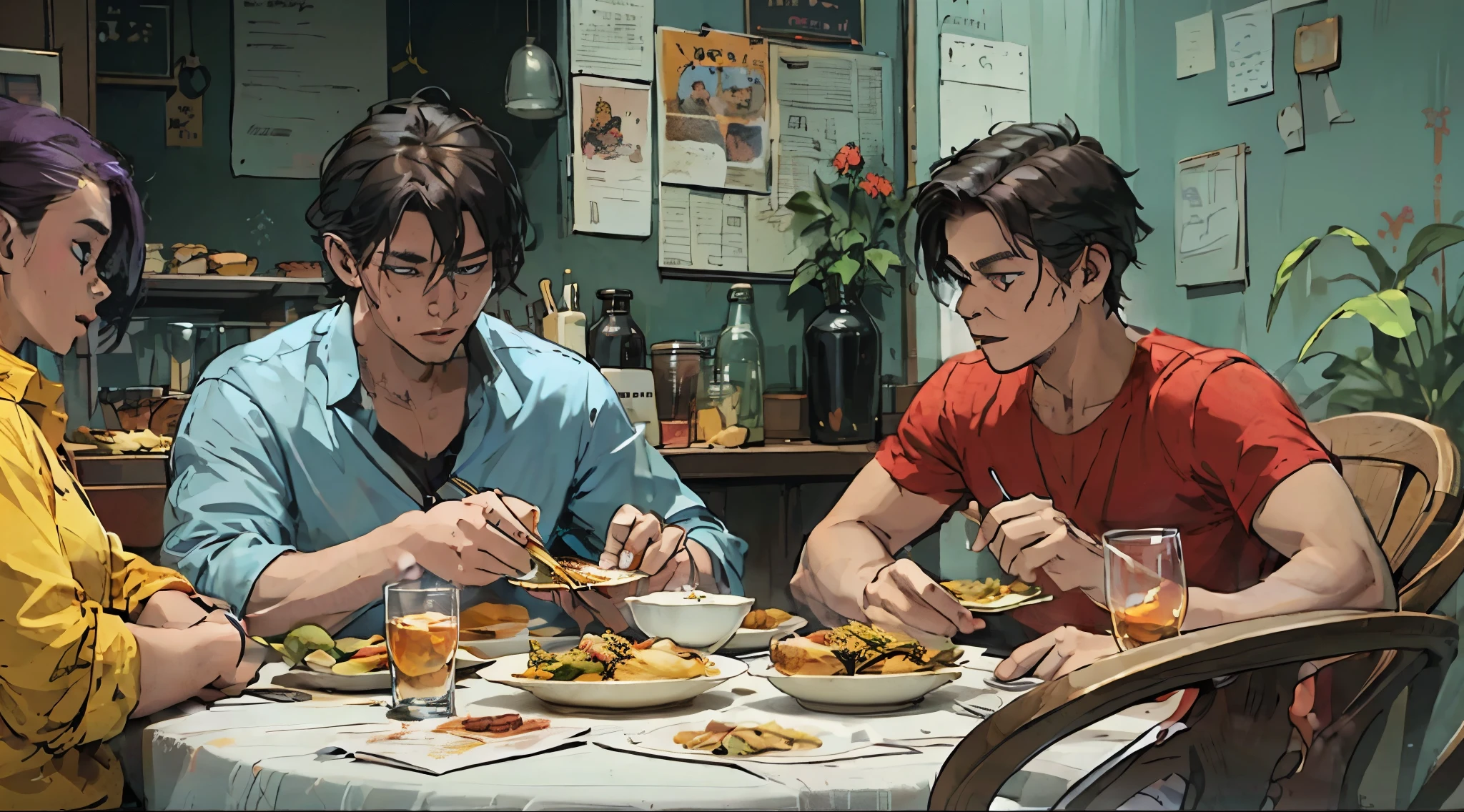 zwei Jungen beim Abendessen, lila Haare