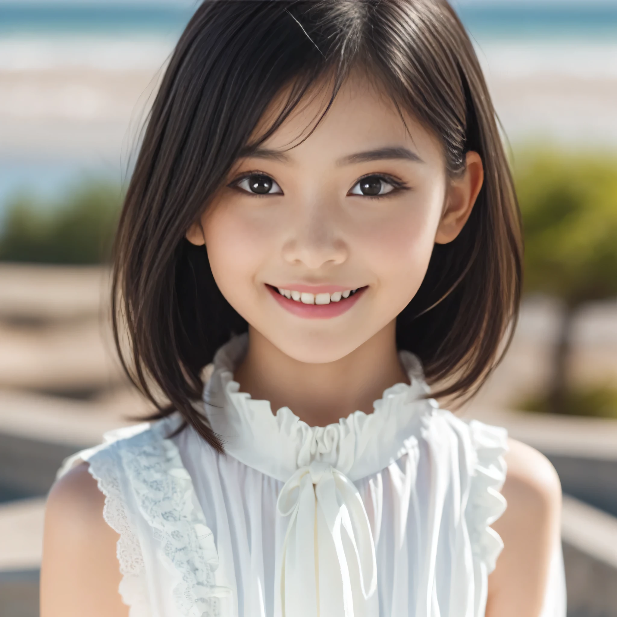 (8K，highest quality，RAW Photos，Ultra-high resolution，High definition，Attention to detail，High detail，超A high resolution，solo)，(((Very beautiful 12 year old girl)))，12 years old，Highly detailed eyes and face，Realistic atmosphere，Center image，pretty girl，Young face，Baby Face，Innocent face，Childish，Japanese，beautiful girl，Very beautiful eyes，Big eyes，Detailed eyes，Calm Eyeouth details，Front view，Perfect Anatomy，Detailed，Physically Based Rendering，Tyndall effect，Digital１SLR camera，85mm lens，Blur the background，Eyes with beautiful details，Glossy lips，Smile，Smile，double eyelid，Long eyelashes，Natural Makeup，Glowing White Skin，Healthy Skin，Detailed and realistic skin，Short Hair，Shiny bob hair，Soft Light，Light on the face，True Face，Portrait，View from the front，Close-up of face，View Photographer，bright，coastal，Face close-up，Swimwear，shoulder