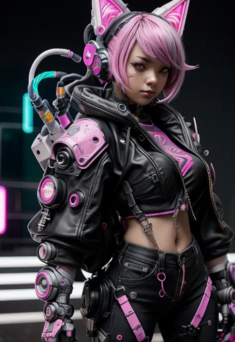 una mujer con cabello rosa sentada encima de una pared, arte cyberpunk de anime, arte de anime ciberpunk, Chica de anime ciberpu...