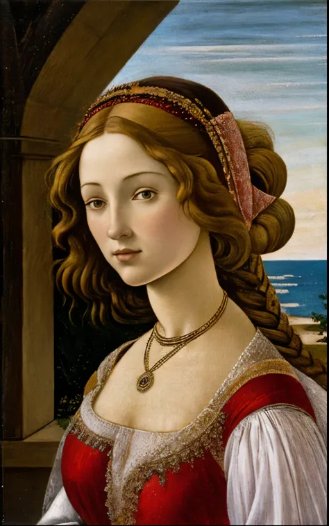 simonetta cattaneo vespucci, botticelli's model for birth of venus, embodying her classic beauty in a contemporary fashion, (gin...