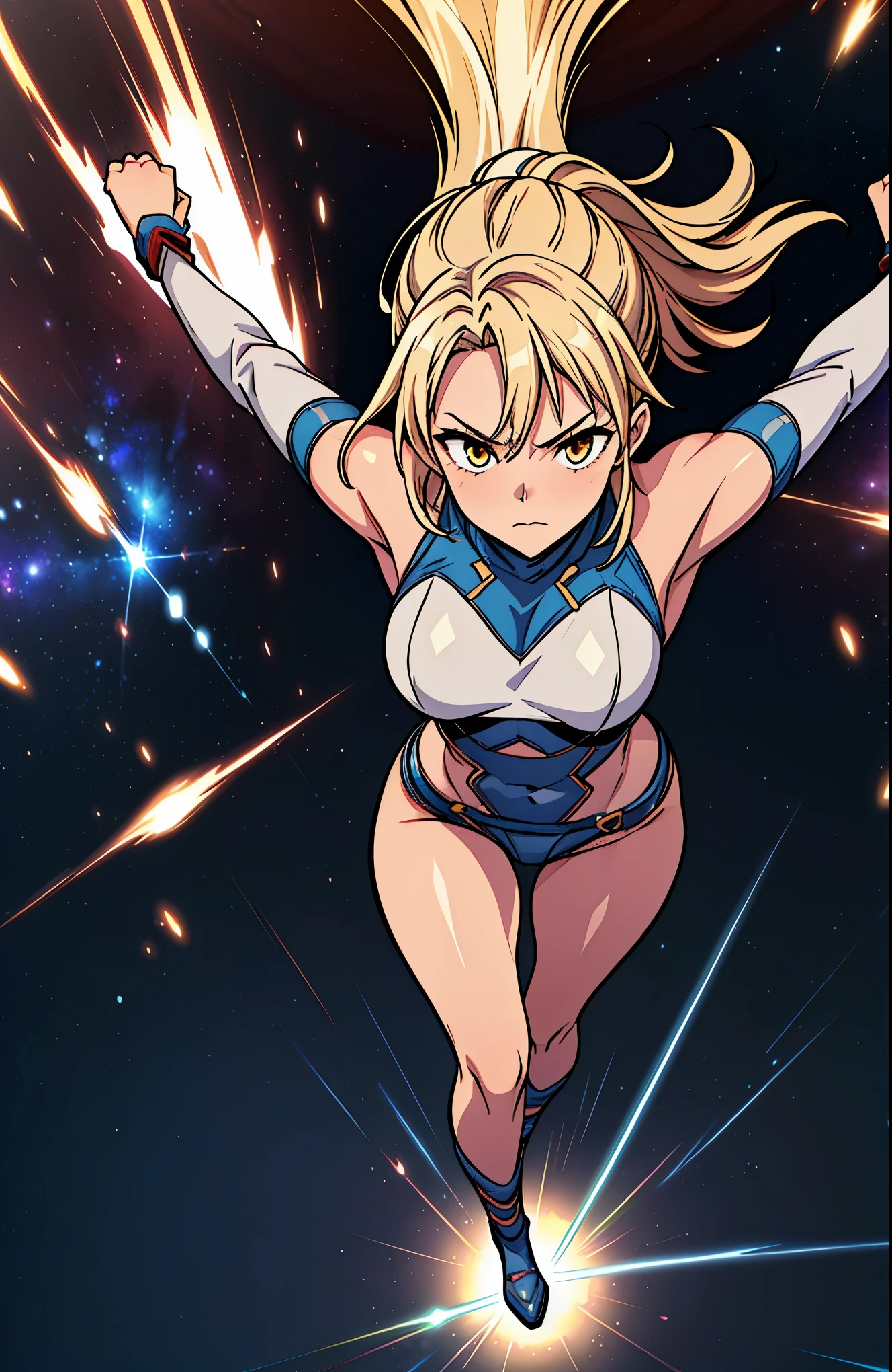 1 massive fist, Full Bare female, thigh up shot, dynamic pose, large fist for viewer, in cosmic space, shining dust wave, melting wear, speedy move effect, colorful energy, sparking arms, deep impact, ((from above)), (high quality, high resolution, masterpiece:1.4),