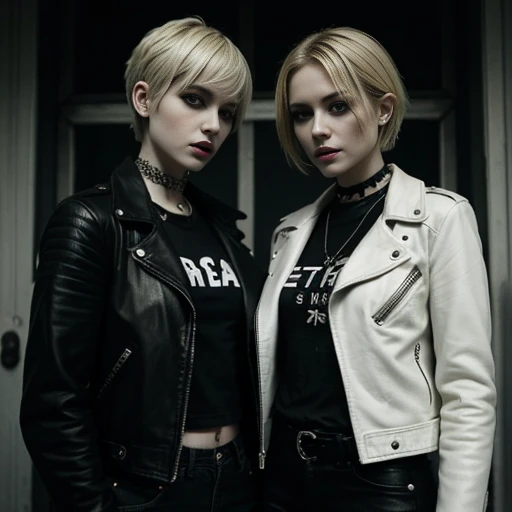 Two gorgeous blonde girls、Wearing a leather jacket,punk rock style,Smoking a cigarette,Short hair combed back,Bad look in the eyes,Unhealthy face,Slim body,Pale skin,Dark eyeshadow,