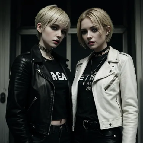 two gorgeous blonde girls、wearing a leather jacket,punk rock style,smoking a cigarette,short hair combed back,bad look in the ey...