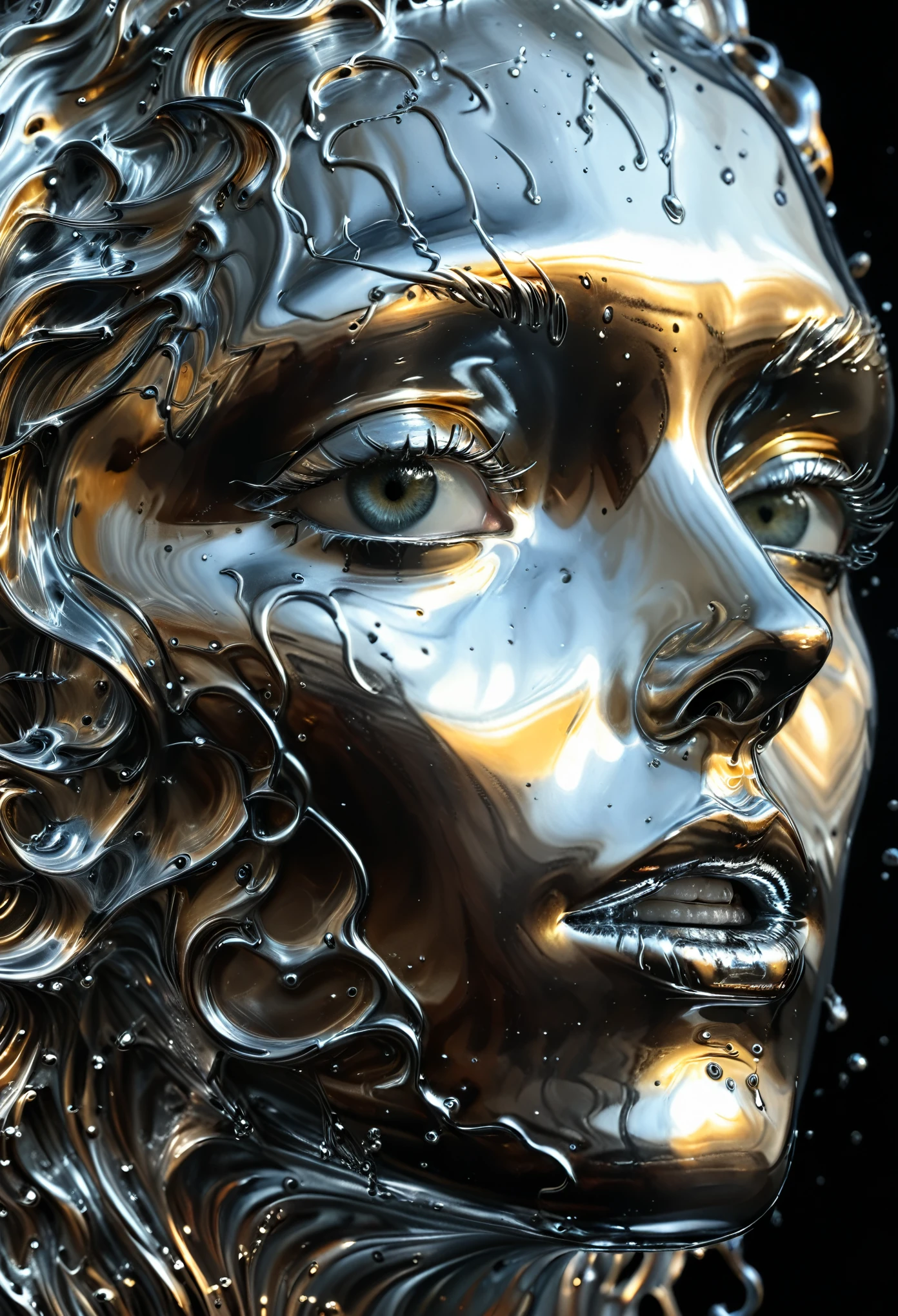 (best quality,4k,8k,highres,masterpiece:1.2),ultra-detailed,(realistic,photorealistic,photo-realistic:1.37),liquid metal face,beautiful detailed eyes,beautiful detailed lips,extremely detailed face,molten liquid metal,chrome,liquid metal sculpture,metallic,shiny,reflective,glowing,surreal,dramatic lighting,cinematic,digital art