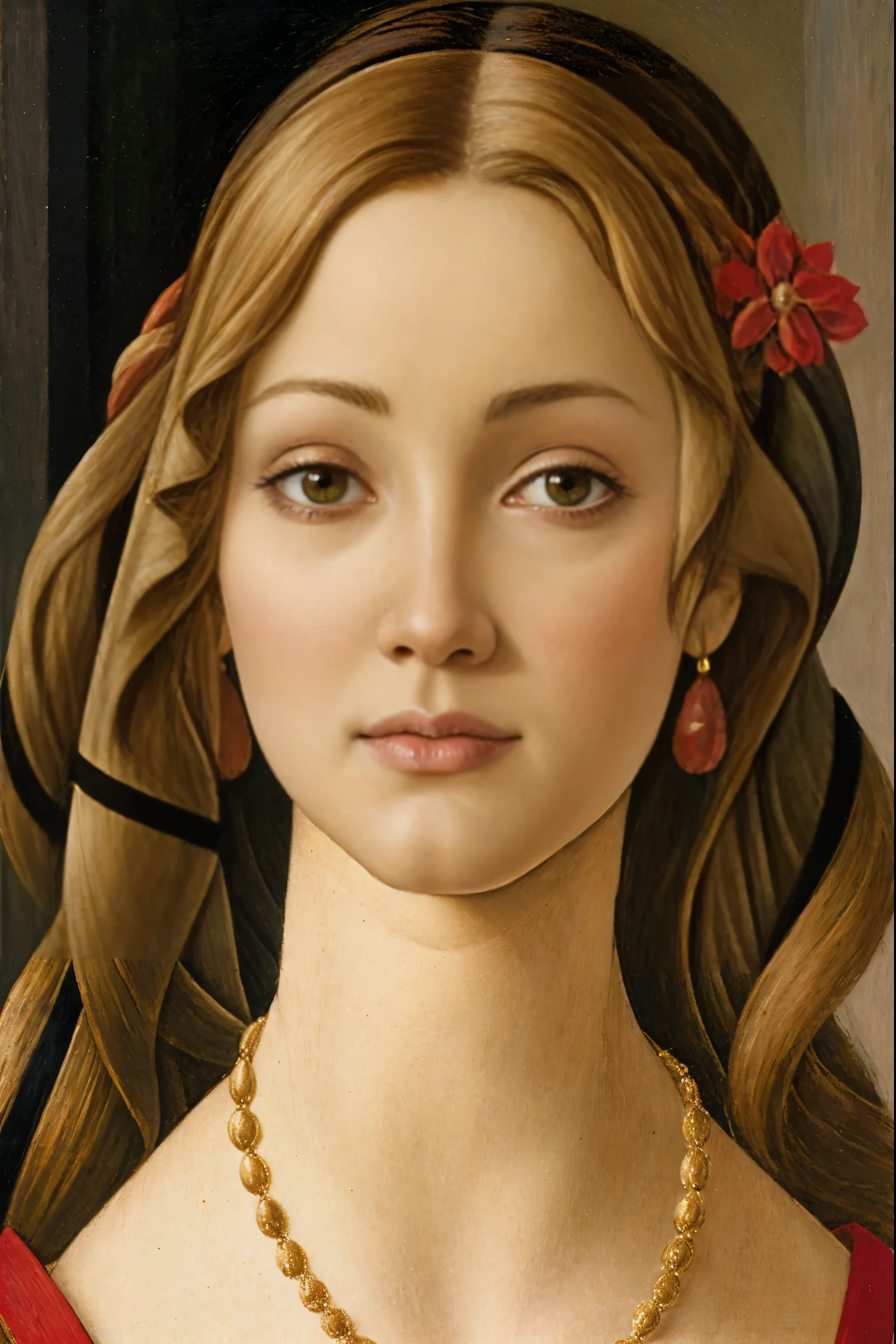 Simonetta Cattaneo Vespucci, Botticelli's model for Birth of Venus, embodying her classic beauty in a contemporary fashion, (ginger type), hair intertwined in intricate braids, modern dress, soft pastel, high color contrast, gently faded tones, timeless elegance, highly detailed, master's touch, casual elegance, chiaroscuro lighting, evocative old-world charm. Ektachrome analog film print
