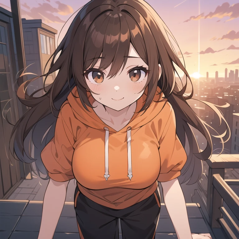 ((A Pretty girl wearing orange hoodie and black sweatpants)), Face, ((master piece, top-quality, ultra-definition, high resolution)), anime girl, ((ultra-detailed illust:1.2)), only one person, bangs, long hair, hair between eye, brown colored hair, beautiful hair, brown colored eyes, Shiny eyes, Beautiful eyes, Big breasts, smile, ((sunset cityscape))