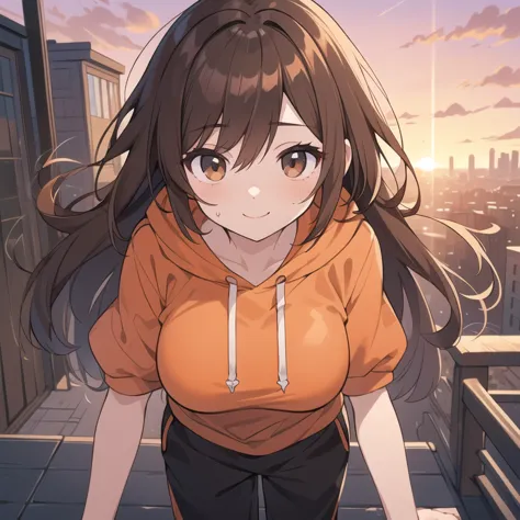 ((a pretty girl wearing orange hoodie and black sweatpants)), face, ((master piece, top-quality, ultra-definition, high resoluti...