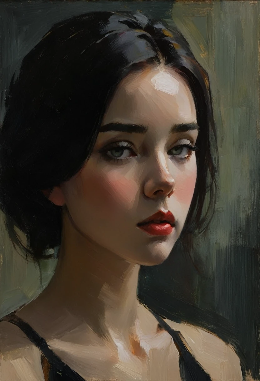 Erstellen Sie ein eindrucksvolles Ölgemälde, inspiriert von Malcolm Liepke, basierend auf dem bereitgestellten Bild. Erfassen Sie die intensiven, introspektiver Ausdruck des jungen Subjekts durch dicke, ausdrucksstarke Pinselstriche und eine gedämpfte Farbpalette. Heben Sie die emotionale Tiefe und Verletzlichkeit im Blick des Motivs hervor, Betonung des Spiels von Licht und Schatten auf ihrem Gesicht. Behalten Sie eine einfache, strukturierter Hintergrund, der die kontemplative Präsenz des Motivs ergänzt. Konzentrieren Sie sich auf die taktile Qualität der Ölfarbe, um die unverfälschten Emotionen und die Intimität zu vermitteln, die für Liepkes Stil charakteristisch sind..