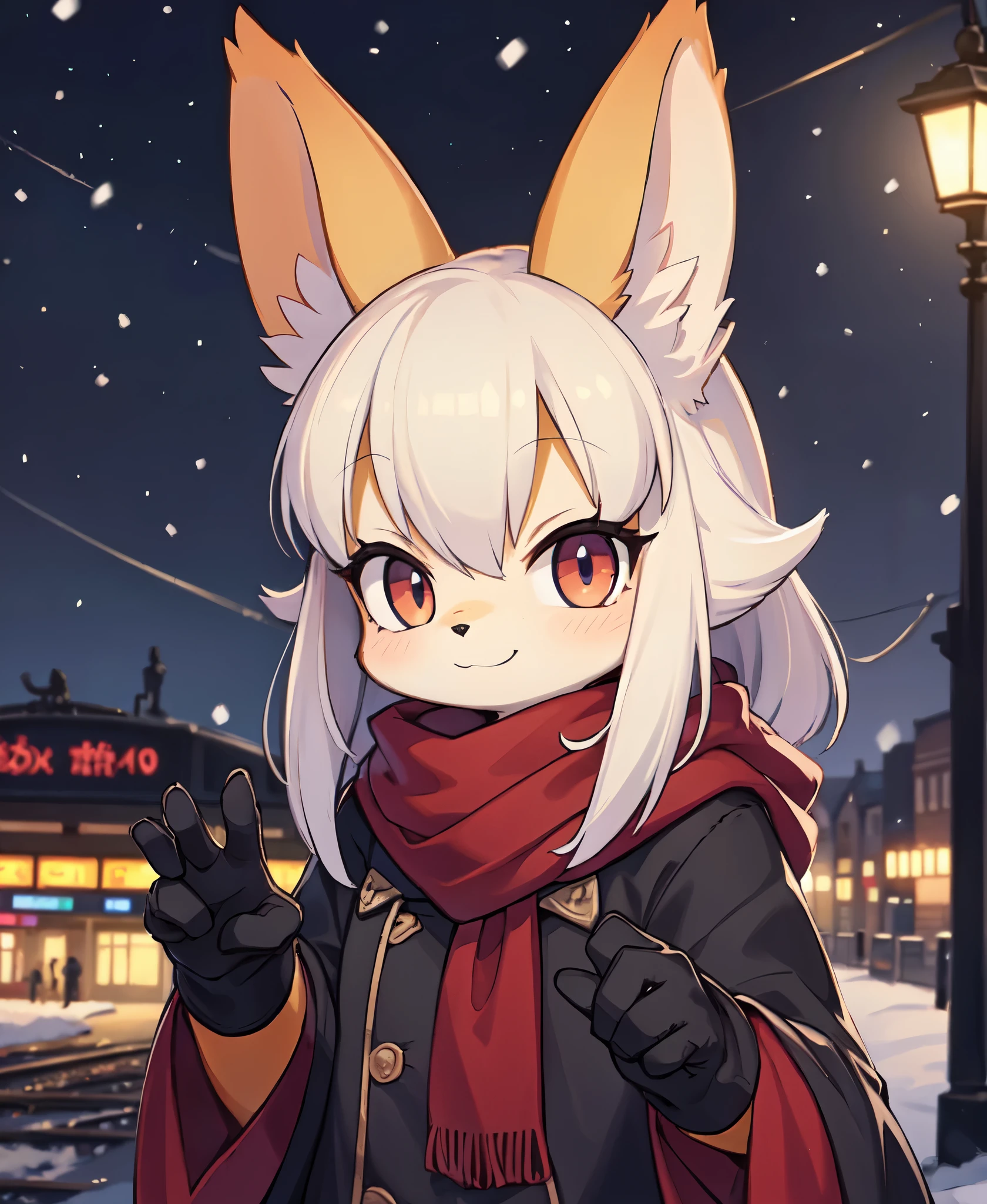 (by Wamudraws, by B-Epon, by Exed Eyes:1.25), anthro (fennekin:1.25), red scarf, detective cloak, standing, smile, waving at viewer (three-quarter portrait:1.3), three-quarter view, close-up, BREAK, london train station, night, glowing, plant, snowing, detailed detailed background, depth of field, ambient silhouette, backlighting, masterpiece, best quality, light, 4k, 2k, (high detail:1.25), shaded, photography, solo