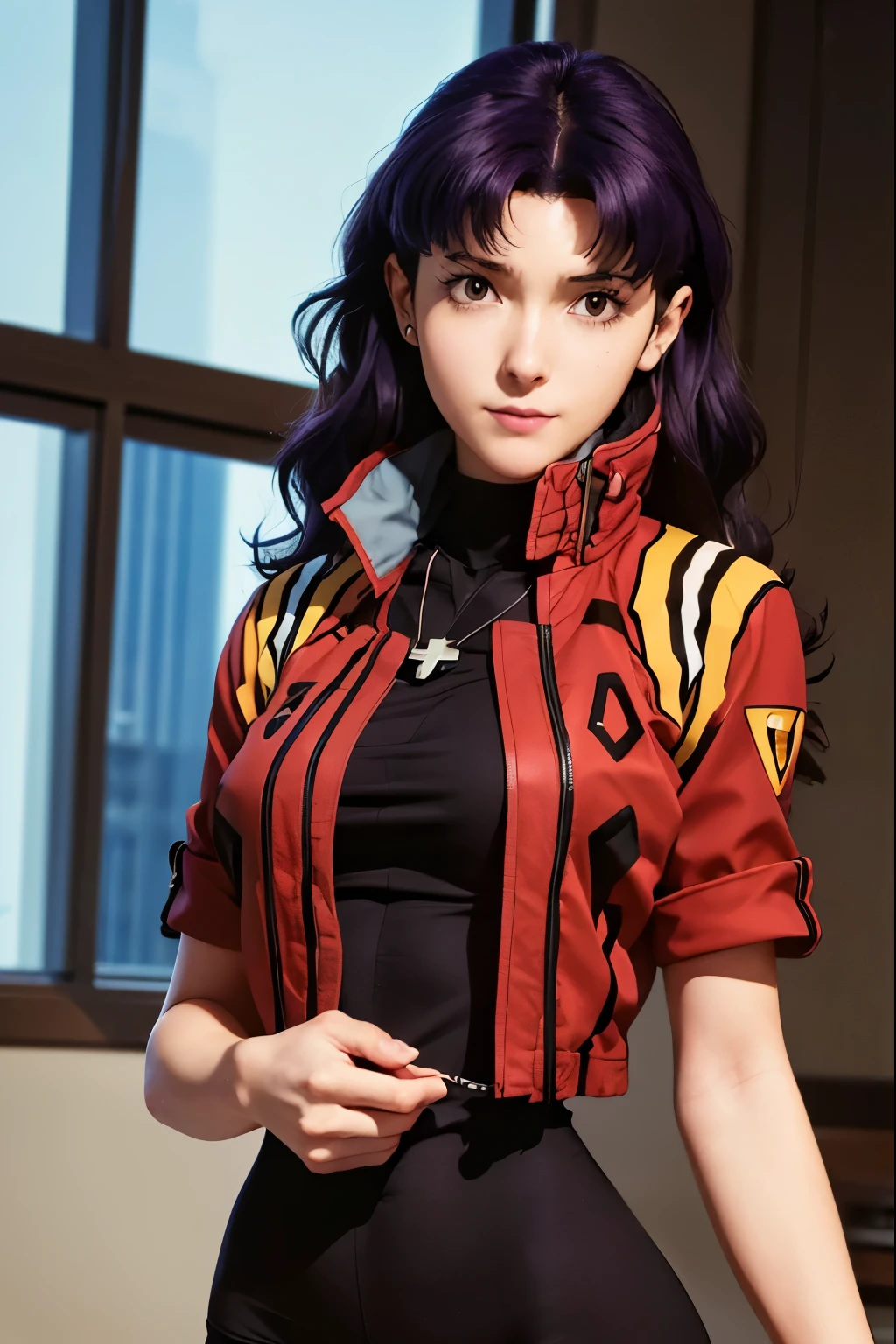 1 Female, clothing: black bodycon,Mid-breasted、 Short tight black dress, (((Brown eyes))), Purple Hair, Medium Hair, Laughter, Cross Necklace, expensive, The body is slim, (Hmph), (((Misato katsuragi))), Nerve、Operation and control room, (((Front view))), View Viewer, Perfectly detailed face, Detailed hands and fingers, Masterpiece 1.1, Trending on Art Station, pixiv quality, (((Fine art:jaw))), Exquisitely crafted, Ultra Graphics, sfw version, (((Mature 1.1))), clothing: Jacker, Red jacket, Symmetrical face、