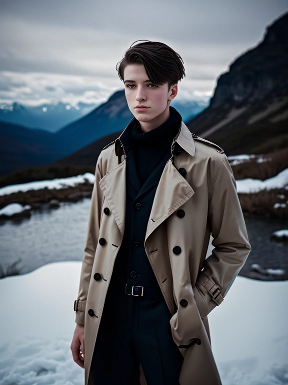 Portrait of a beautiful young man, 21 years old, wearing a trench coat, elegant black trench coat, snowy mountains, geek model, film grain, symmetrical, focus on the boy, medium shot, looking at the camera, blue eyes, beauty, pose, elegnt