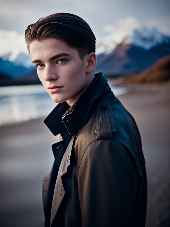 Retrato de um jovem bonito, 21 anos de idade, Vestindo um sobretudo, casaco preto elegante, Montanhas nevadas, modelo geek, Grão de filme, Simétrico, concentre-se no menino, tiro médio, olhando para a câmera, olhos azuis, beleza, pose, suficiente