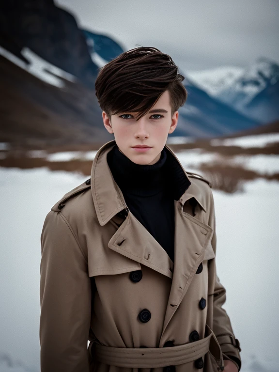 Portrait of a beautiful young man, 21 years old, wearing a trench coat, elegant black trench coat, snowy mountains, geek model, film grain, symmetrical, focus on the boy, medium shot, looking at the camera, blue eyes, beauty, pose, elegnt, elegant clothes, cold light