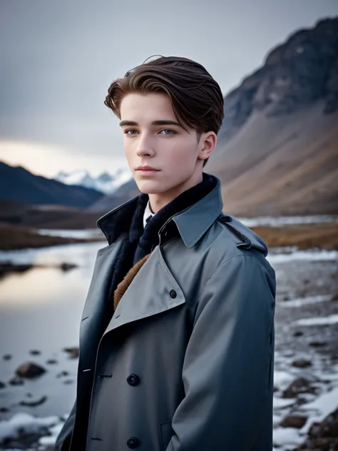 Portrait of a beautiful young man, 21 years old, wearing a trench coat, elegant black trench coat, snowy mountains, geek model, ...