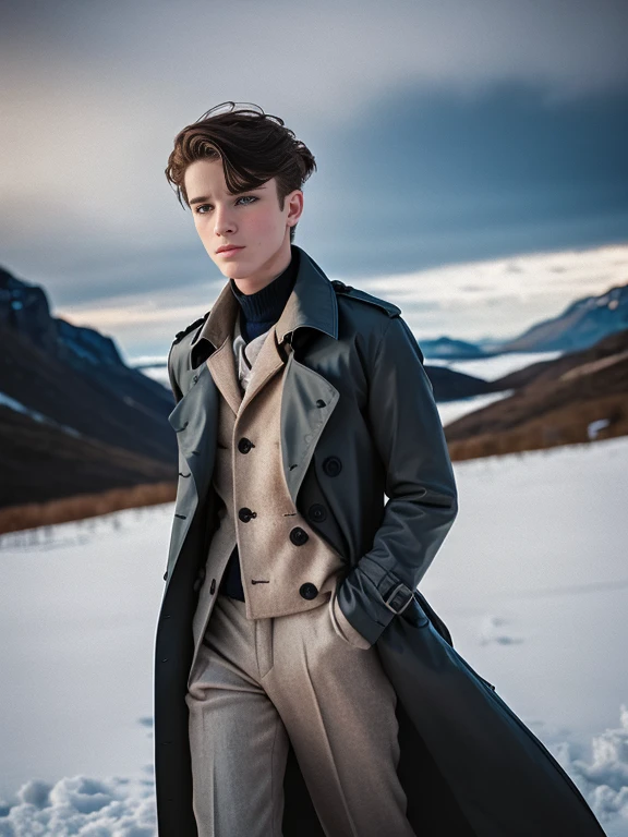 Portrait of a beautiful young man, 21 years old, wearing a trench coat, elegant black trench coat, snowy mountains, geek model, film grain, symmetrical, focus on the boy, medium shot, looking at the camera, blue eyes, beauty, pose, elegnt, elegant clothes, cold light