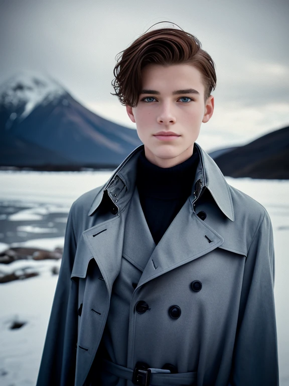 Portrait of a beautiful young man, 21 years old, wearing a trench coat, elegant black trench coat, snowy mountains, geek model, film grain, symmetrical, focus on the boy, medium shot, looking at the camera, blue eyes, beauty, pose, elegnt, elegant clothes, cold light, redhead, authentic, cinematic light, dramatic light