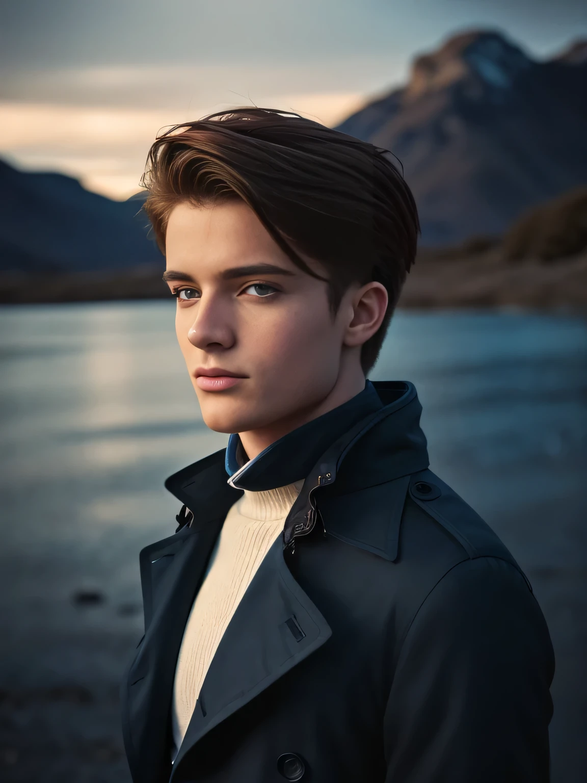 Portrait of a beautiful young man, 21 years old, wearing a trench coat, elegant black trench coat, snowy mountains, geek model, film grain, symmetrical, focus on the boy, medium shot, looking at the camera, blue eyes, beauty, pose, elegnt, elegant clothes, cold light, redhead, authentic, cinematic light, dramatic light