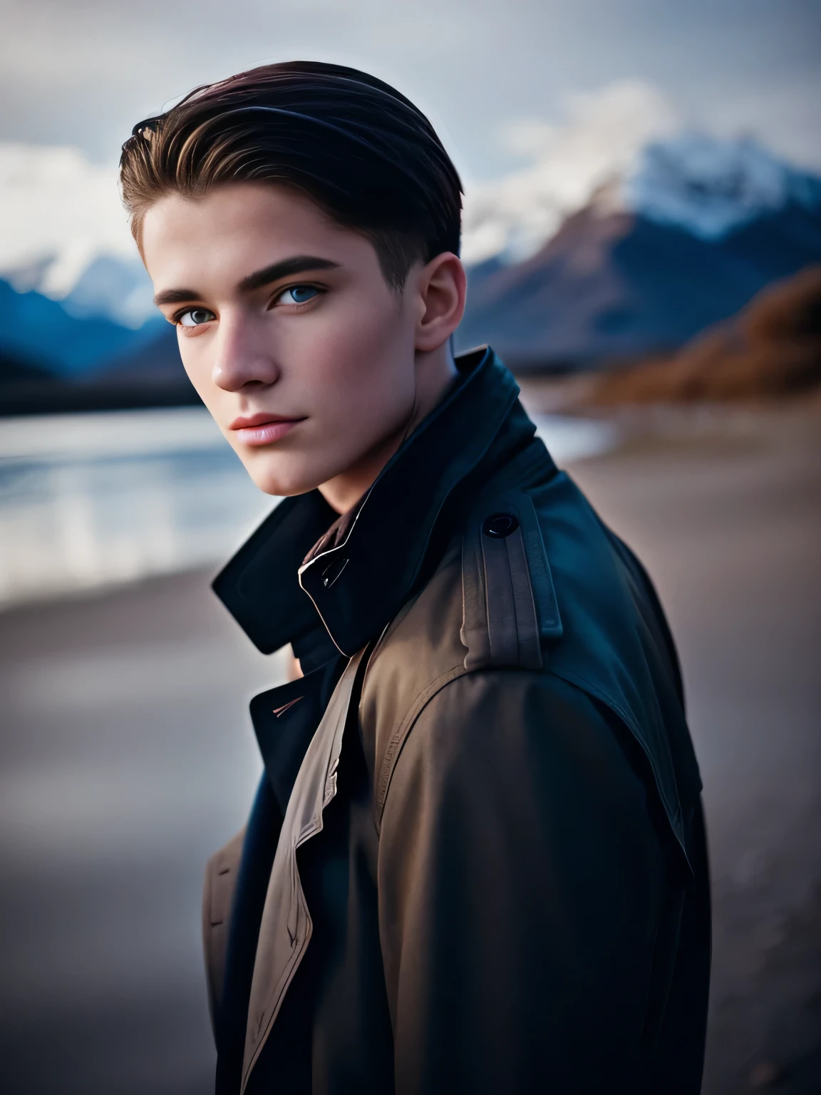 Portrait of a beautiful young man, 21 years old, wearing a trench coat, elegant black trench coat, snowy mountains, geek model, film grain, symmetrical, focus on the boy, medium shot, looking at the camera, blue eyes, beauty, pose, elegnt
