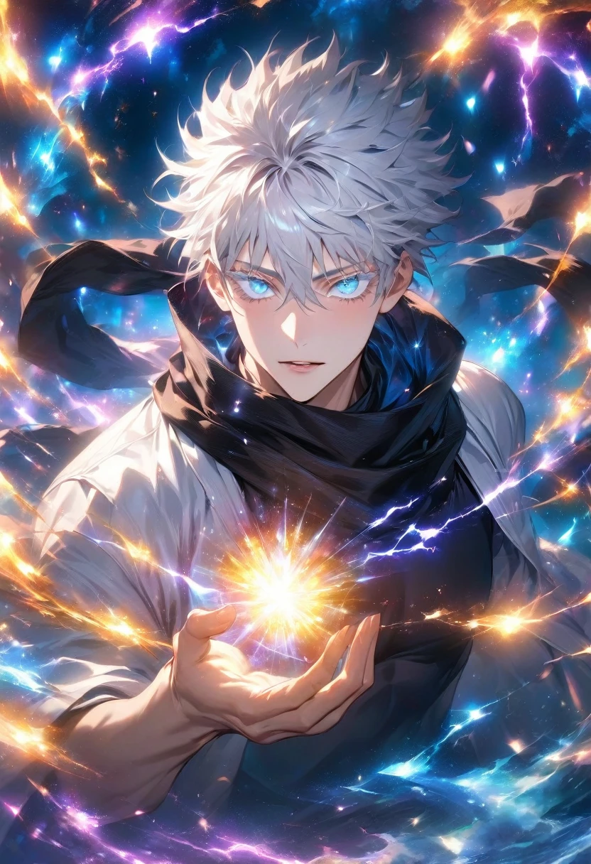 absurdres, highres, ultra detailed, HDR, master piece, best quality, (character trapped inside a crystal ball) Gojo Satoru, white hair, with bangs, hair between the eyes, expressive blue eyes, white eyelashes, Jujutsu Kaisen, solo, sexy man, handsome, white haori, black tight shirt, black scarf, fantasy magical background, sparkling, shining, purple lightning, floating round lights, starry, void