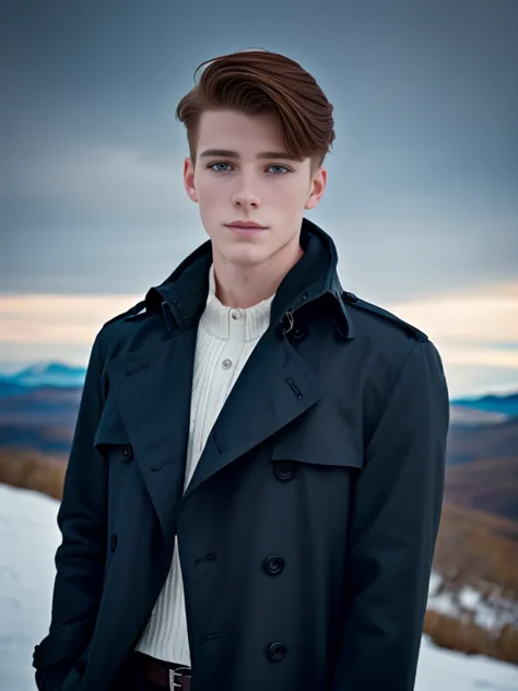 Portrait of a beautiful young man, 21 years old, wearing a trench coat, elegant black trench coat, snowy mountains, geek model, ...