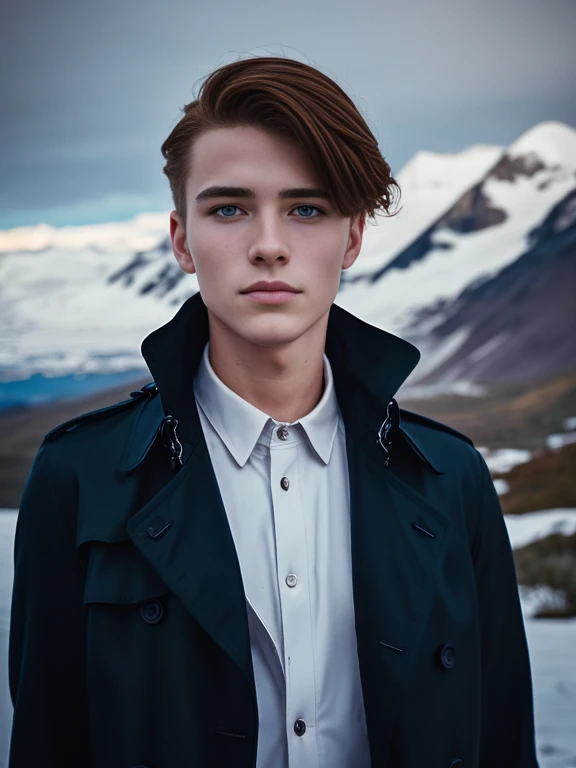 Portrait d’un beau jeune homme, 21 ans, porter un trench-coat, élégant trench noir, Montagnes enneigées, modèle geek, grain de film, symétrique, concentre-toi sur le garçon, Coup moyen, En regardant la caméra, yeux bleus, Beauté, pose, assez, vêtements élégants, roux, authentique,