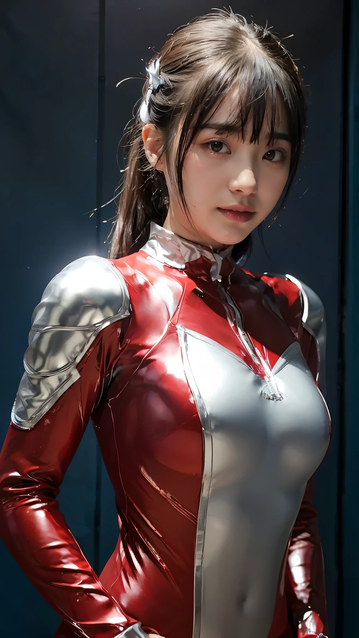 ultraman、realistic、realistic、movie light, Young woman in a shiny red and silver suit、15 years、professional photos、wear&#39;Don&#39;t expose your skin., Japanese model, Japanese CGI、ultraman Suit、, Power Rangers set、Tight and thin cyber suit,Has rubber all over.、there&#39;s pink there、 delicate body, big breasts、small ass、thin thighs、Thin arms、Thin waist、camel toe、Both sides of the cybersuit cling to the skin.、Big eyes、black short hair、Facing the front、Facing the front立っている、A glowing sphere is embedded in the chest..、essay exam、 blue sky background