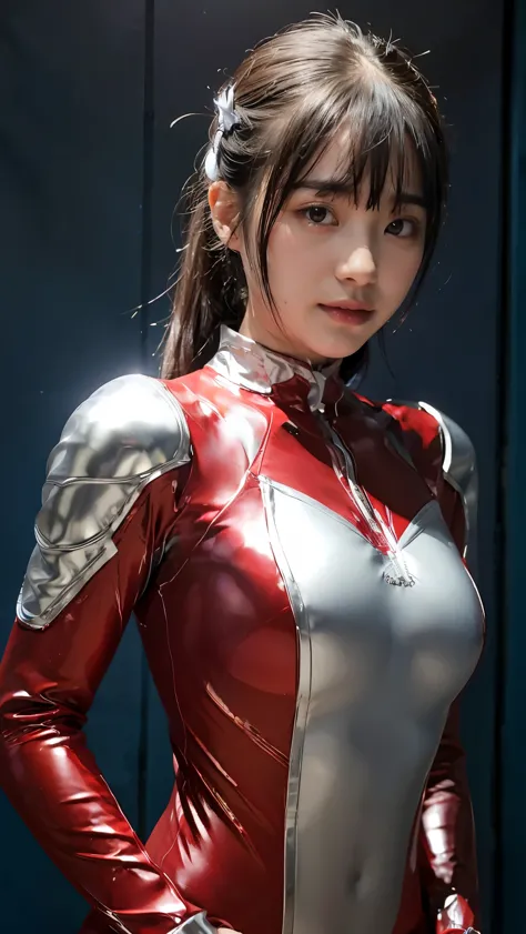 ultraman、realistic、realistic、movie light, Young woman in a shiny red and silver suit、15 years、professional photos、wear&#39;Don&#...