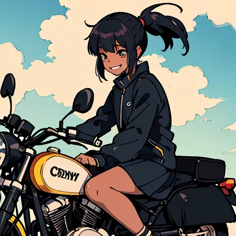 8k, black anime girl, sitting on motorbike, looking sky, smile and crying, crown light; shadow of man behind her