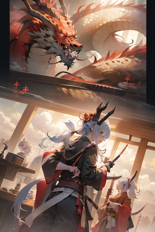 chinesedragon， drak， a Oriental Dragons， arma， The sword， halter， holdingweapon， 1boys， long whitr hair， ​​clouds， standing on your feet， clutching a sword， buliding， Reflectors， bloods， east asian architecture， malefocus， Skysky，  brunette color hair， katana swords， exteriors， trouser， firey， mostly cloudy sky， Cloud fog，salama，banya， Japanese clothes， bandagens， scabbard， looking at viewert， masks， solo