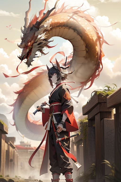 chinesedragon， drak， a Oriental Dragons， arma， The sword， halter， holdingweapon， 1boys， long whitr hair， ​​clouds， standing on your feet， clutching a sword， buliding， Reflectors， bloods， east asian architecture， malefocus， Skysky，  brunette color hair， katana swords， exteriors， trouser， firey， mostly cloudy sky， Cloud fog，salama，banya， Japanese clothes， bandagens， scabbard， looking at viewert， masks， solo