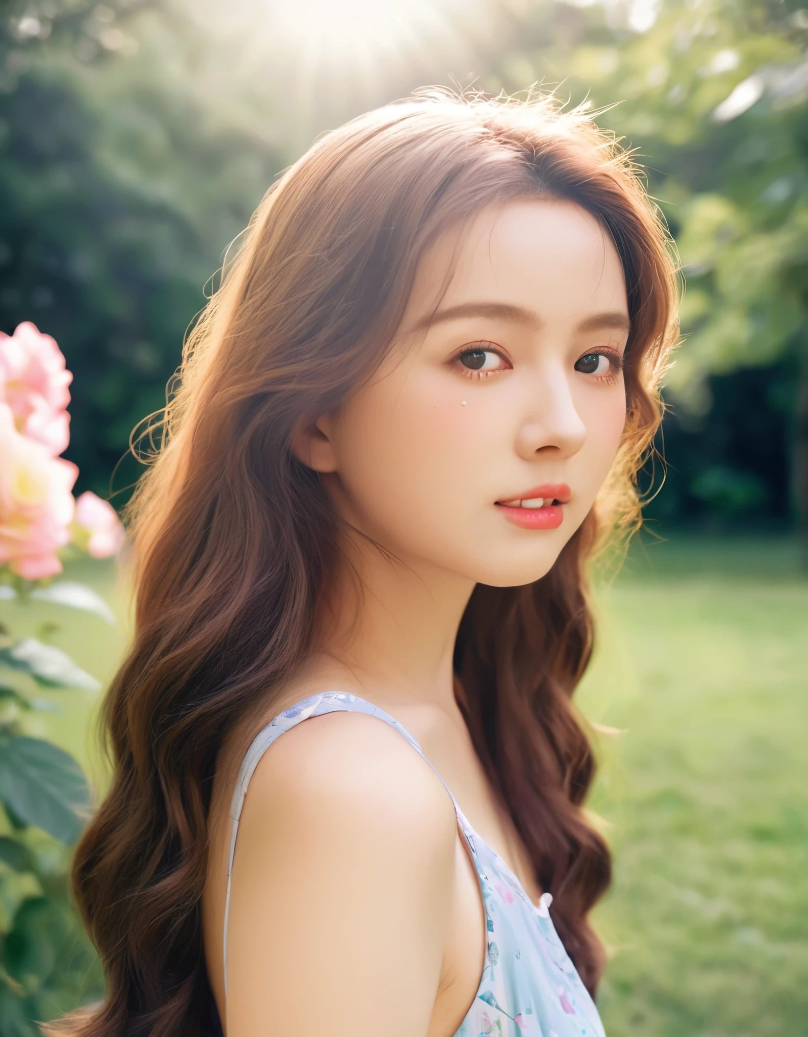 (innocent:1.1),beautiful detailed face,long curly hair,sparkling blue eyes,rosy cheeks,rosy lips,flowing summer dress,standing in a colorful garden,fresh flowers,green grass,fluttering butterflies,sunlight filtering through the trees,gentle breeze,soft and warm sunlight(best quality,photorealistic),vivid colors,pastel tones,natural lighting