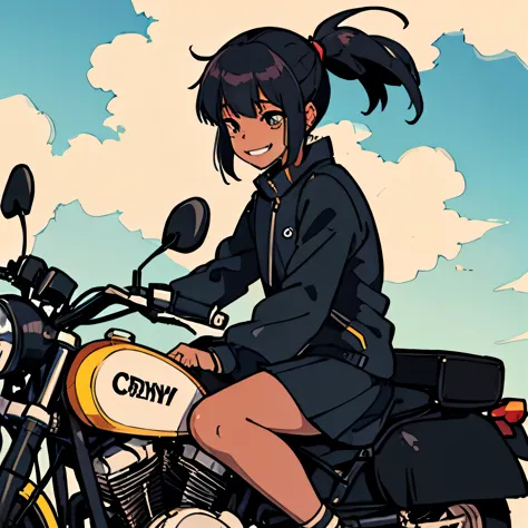 8k, black anime girl, sitting on motorbike, looking sky, smile and crying, crown light; shadow of man behind her
